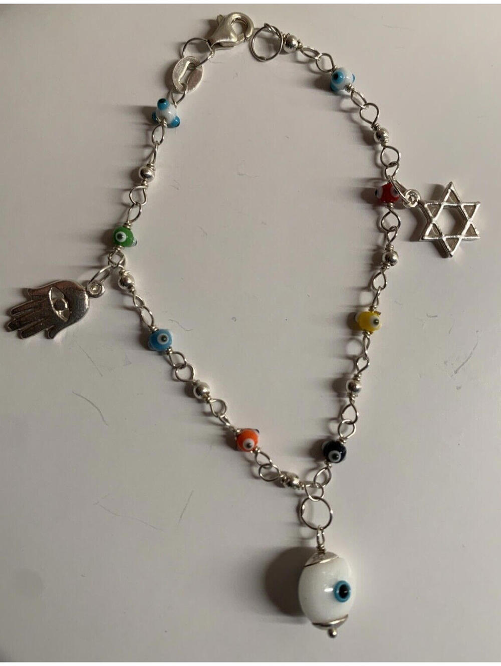 925 Sterling Silver White Evil Eyes Dangling Bracelet with Star & Hamsa